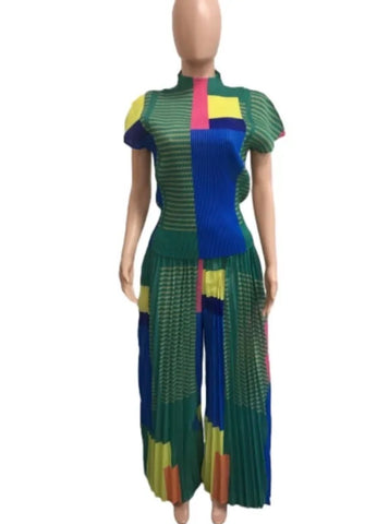 Green Print Pleated Pant Set