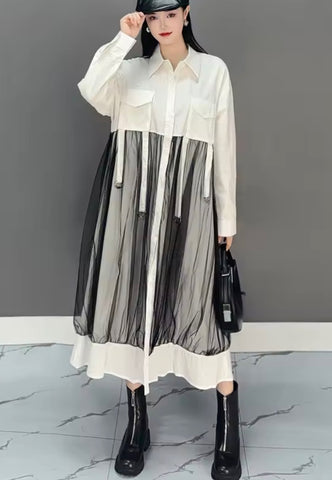 White Button Down Dress With Tulle Overlay