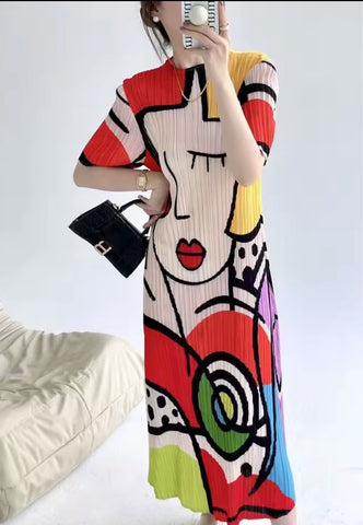 Red Face Print Accordion Dress