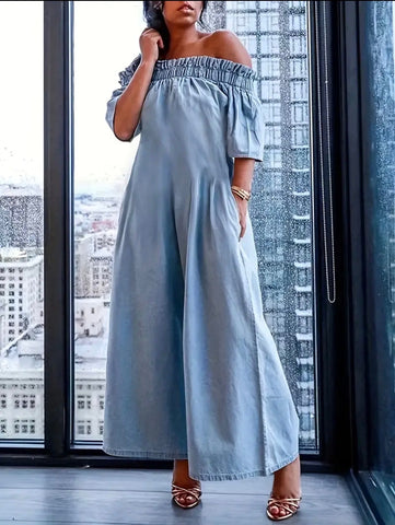Blue Denim Color Wide Leg Jumpsuit